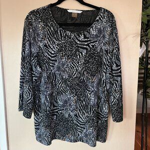 Peter Nygard Sz 2X Womens Black Gray Pull on Stretchy 3/4 Sleeve Metallic Knit